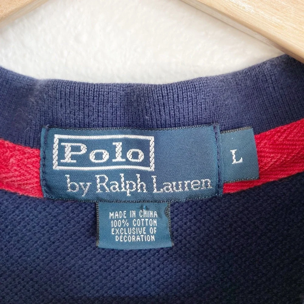Vintage Polo Ralph Lauren Rugby Polo Shirt Mens L Blue Stripe Cotton Pique